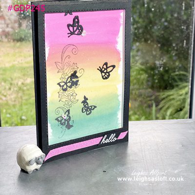 #GDP245 Magenta Madness, Bumble Bee, Just Jade, watercolour rainbow colour swoosh, beauty abounds stamp set and Butterfly Beauty dies, Black frame Hello card