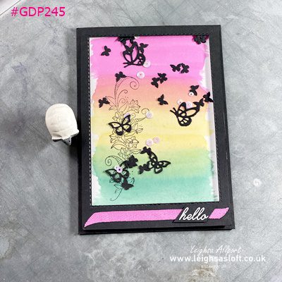 #GDP245 Magenta Madness, Bumble Bee, Just Jade, watercolour rainbow colour swoosh, beauty abounds stamp set and Butterfly Beauty dies, Black frame Hello card