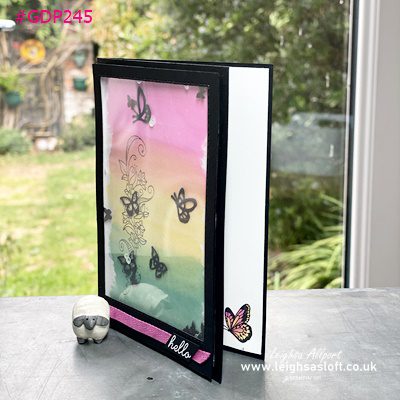 #GDP245 Magenta Madness, Bumble Bee, Just Jade, watercolour rainbow colour swoosh, beauty abounds stamp set and Butterfly Beauty dies, Black frame Hello card