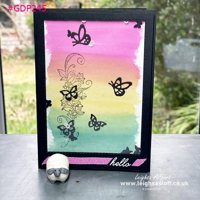 #GDP245 Magenta Madness, Bumble Bee, Just Jade, watercolour rainbow colour swoosh, beauty abounds stamp set and Butterfly Beauty dies, Black frame Hello card