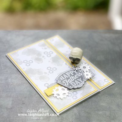 Father's day card easy fancy fold with geared up garage and garage gears using delightful daffodil, smoky slate and basic grey
