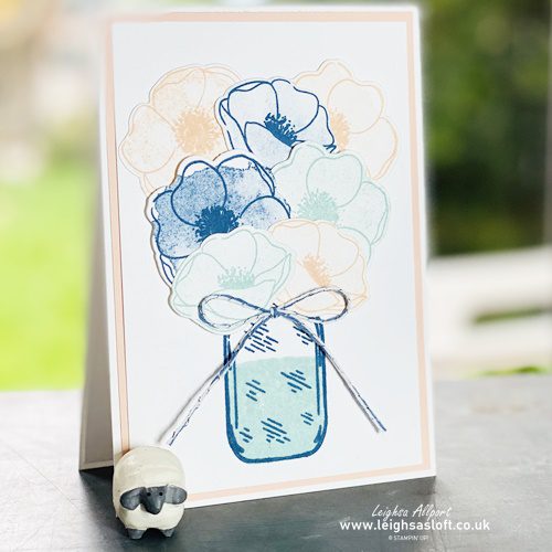 #GDP249 COLOUR CHALLENGE MISTY MOONLIGHT, PETAL PINK & POOL PARTY CARD USING PAINTED POPPIES AND JAR OF FLOWERS STAMP SETS