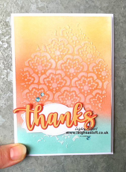 Blended background using Pale Papaya, Calypso Coral and Pool Party. Embossing paste and mask focal point for #GDP341Thanks card