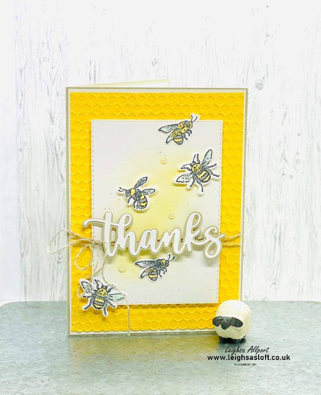 Thanks card for #gdp346 sketch challenge using Honeybee Home stamp set and Amazing Thanks Dies