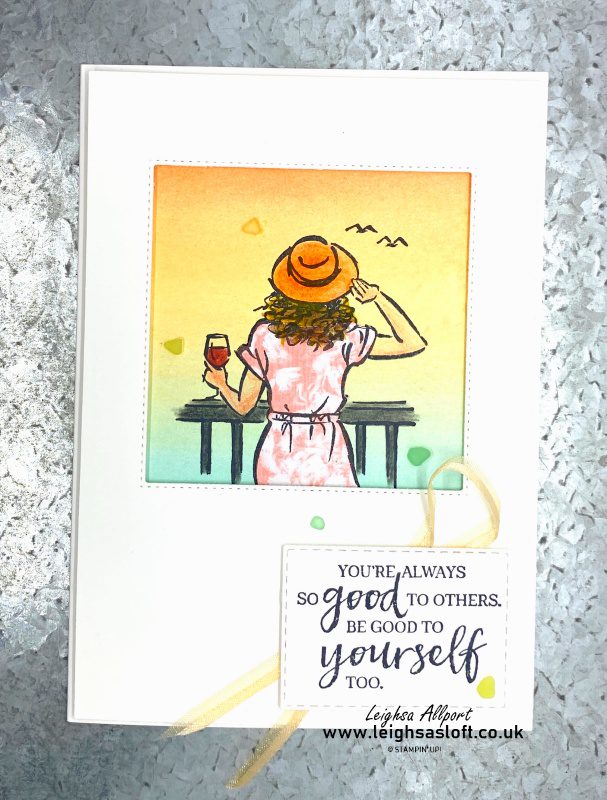 Blended background to create a sun set for a summer view. In the moment stamp set and paper piecing