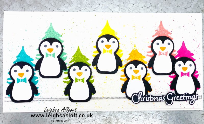 #gdp364 DL Slimline rainbow penguin Christmas card