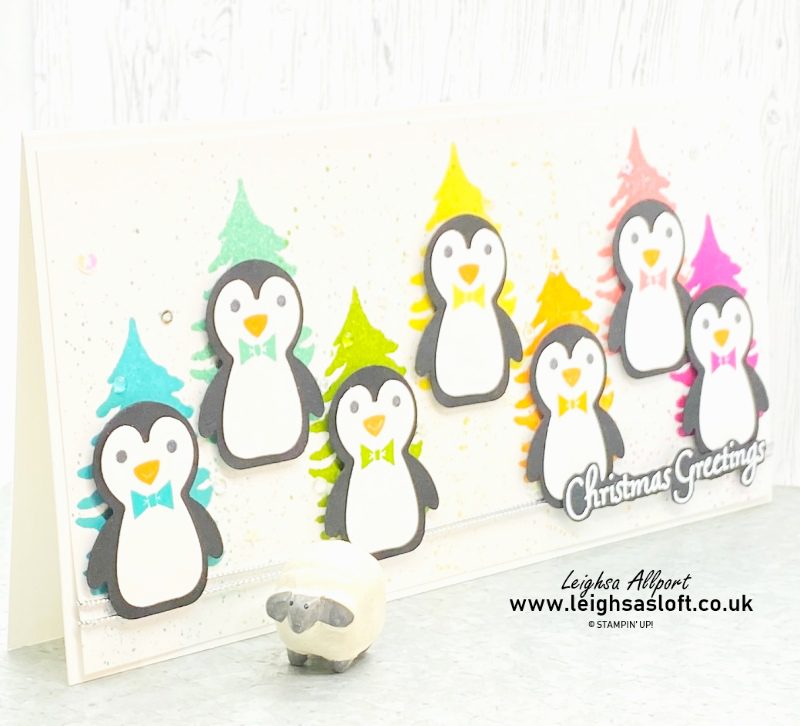 #gdp364 DL Slimline rainbow penguin Christmas card