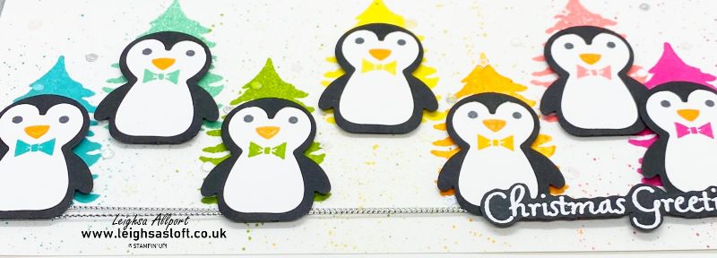 #gdp364 DL Slimline rainbow penguin Christmas card