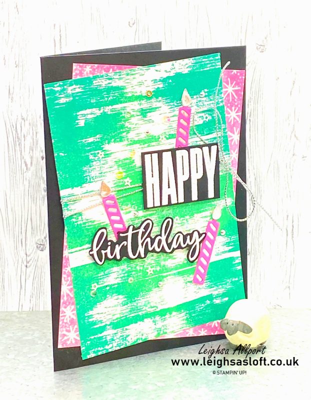 Drybrush background with Coastal Cabana and Bermuda Bay. Happy Birthday, white heat embossed onto black. Polished Pink candles and silver twine