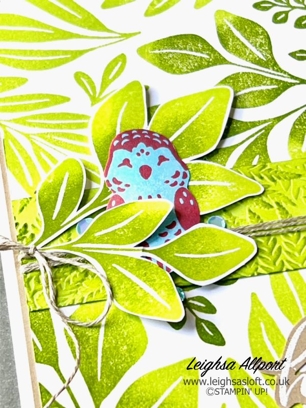 Hello card with the upcoming Leaf Collection stamp, Pets & More stamp set from the Online Exclusives and some retiring colours, Parakeet Party, Tahitian Tide & Sweet Sorbet