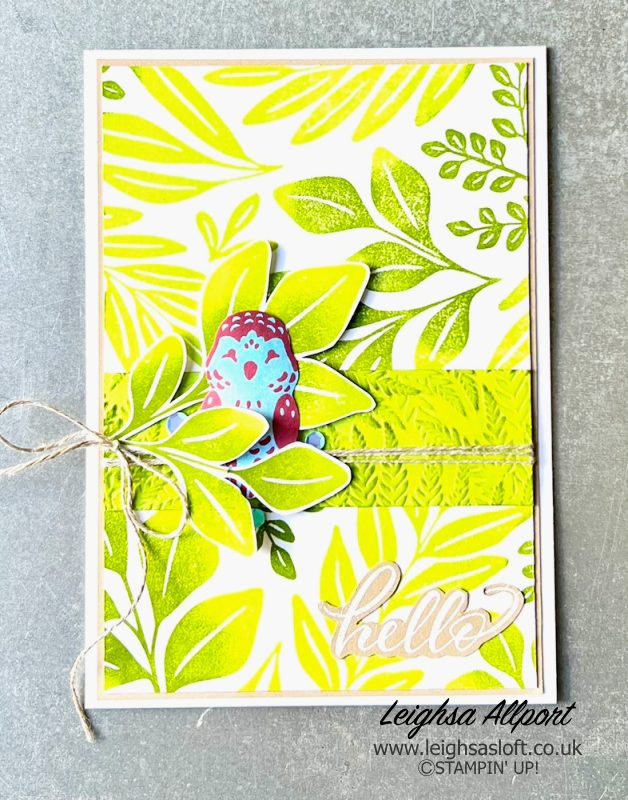 Hello card with the upcoming Leaf Collection stamp, Pets & More stamp set from the Online Exclusives and some retiring colours, Parakeet Party, Tahitian Tide & Sweet Sorbet