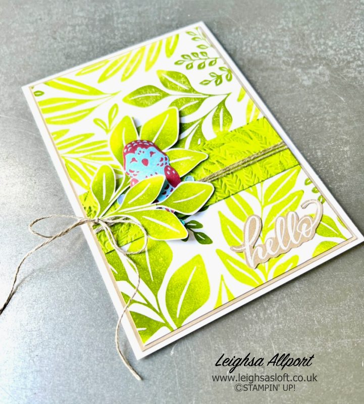 Hello card with a variegatedd leaf effect using the upcoming Leaf Collection stamp, Pets & More stamp set from the Online Exclusives and some retiring colours, Parakeet Party, Tahitian Tide & Sweet Sorbet