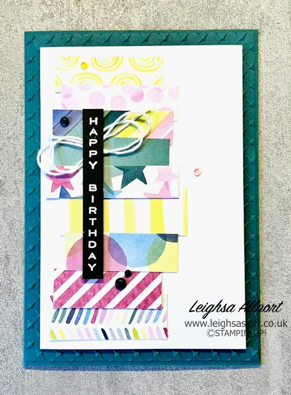 Using DSP/pretty paper scraps to create a fun Birthday card. Bright & Beautiful DSP, Pretty Peacock cardstock, White heat embossed sentiment.