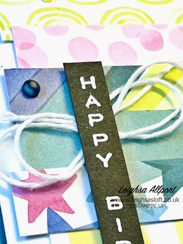 Using DSP (designer series paper)/ pretty paper scraps to create a fun Birthday card. Bright & Beautiful DSP, Pretty Peacock cardstock, White heat embossed sentiment.