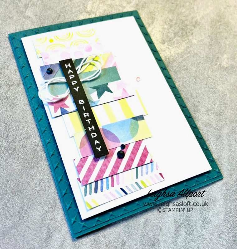 Using DSP (designer series paper)/ pretty paper scraps to create a fun Birthday card. Bright & Beautiful DSP, Pretty Peacock cardstock, White heat embossed sentiment.