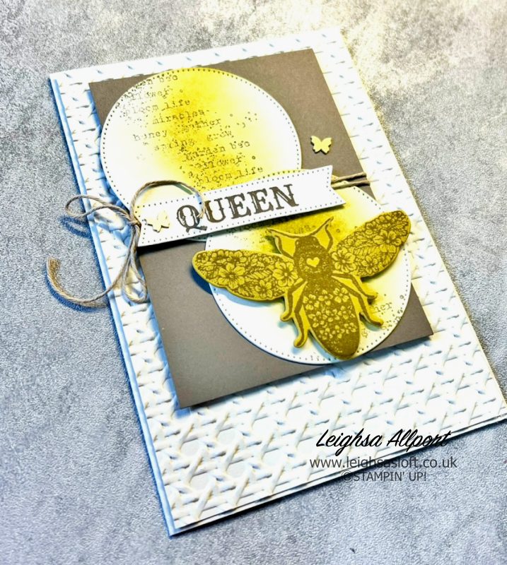 Following a card sketch to create a card, using the Queen Bee stamp set, Basic Beige, Pebbled Path and Wild Wheat.