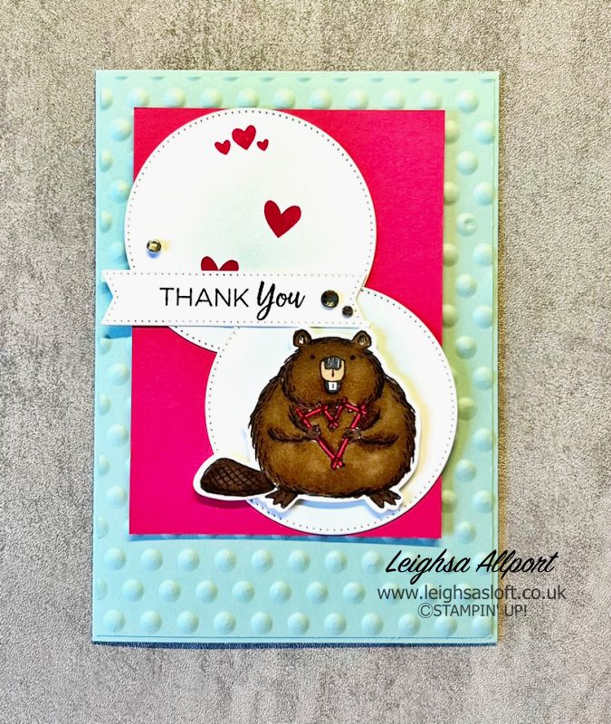 Following a card sketch to create a Thank you card, using the Fluffiest Friends Bundle, Melon Mambo, Pool Party and Stampin' Blends.