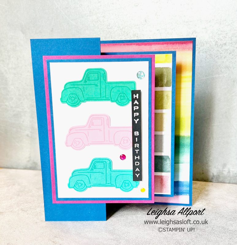 Cards for Kids fun fold / fancy fold, using the Trucking Along bundle and Full Of Life DSP