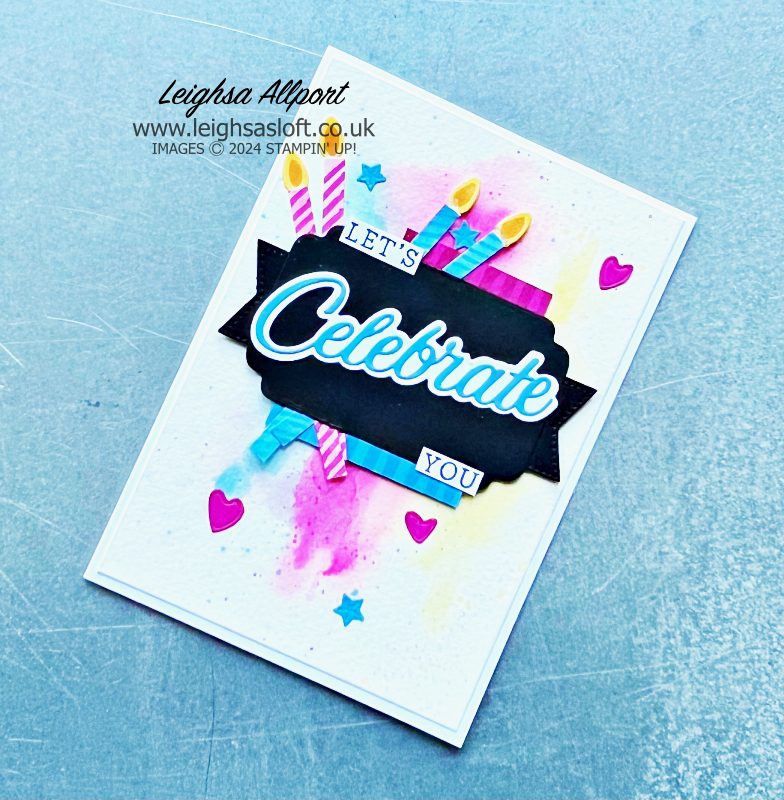 Let's Celebrate You card CASE. Watercolour background with Berry Burst, Afternoon Azure, Daffodil Delight. Using Wanted To Say, Stylish Shapes and Something Fancy Dies.