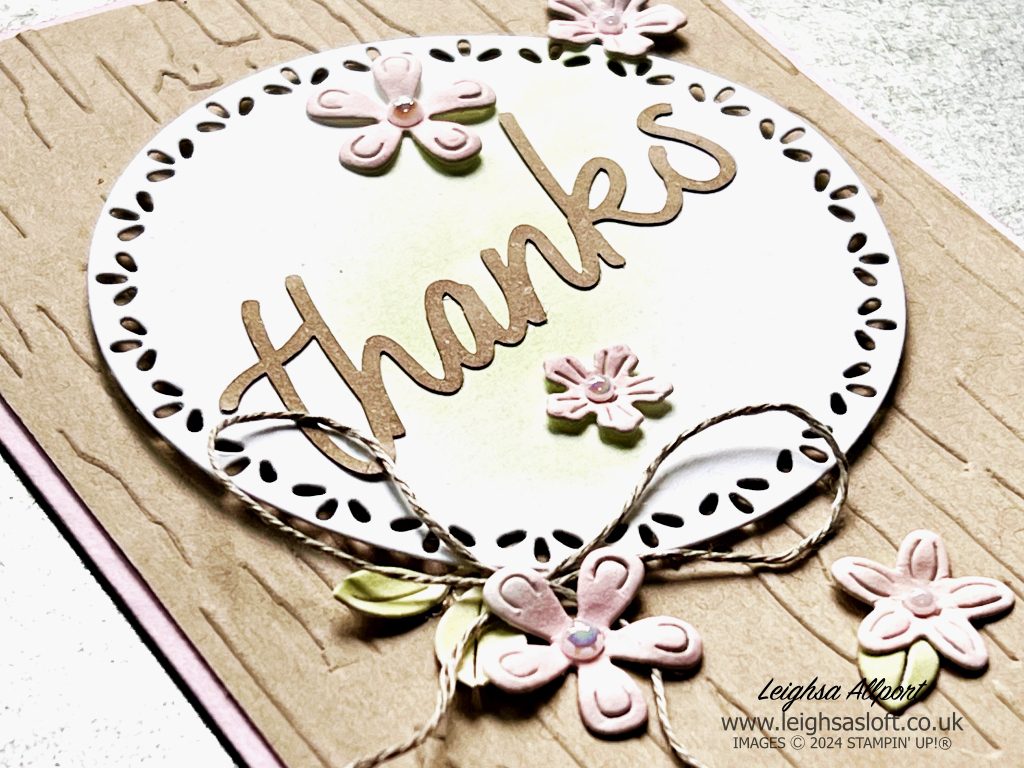 Sending Thanks Card Using Saying Something Mix & Match Ephemera Pack, Spotlight On Nature Dies, Country Birdhouse & Flowers Dies, and the Birch Wood 3D Embossing Folder