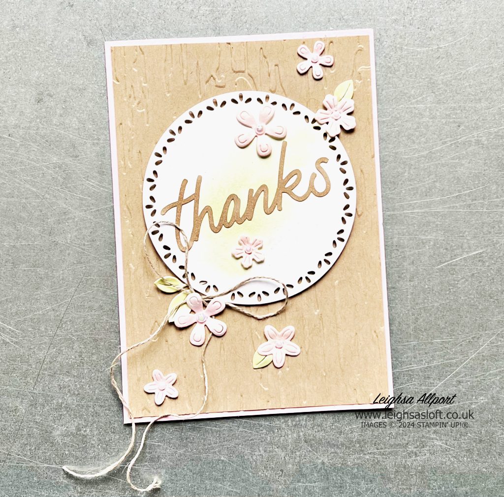 Sending Thanks Card Using Saying Something Mix & Match Ephemera Pack, Spotlight On Nature Dies, Country Birdhouse & Flowers Dies, and the Birch Wood 3D Embossing Folder