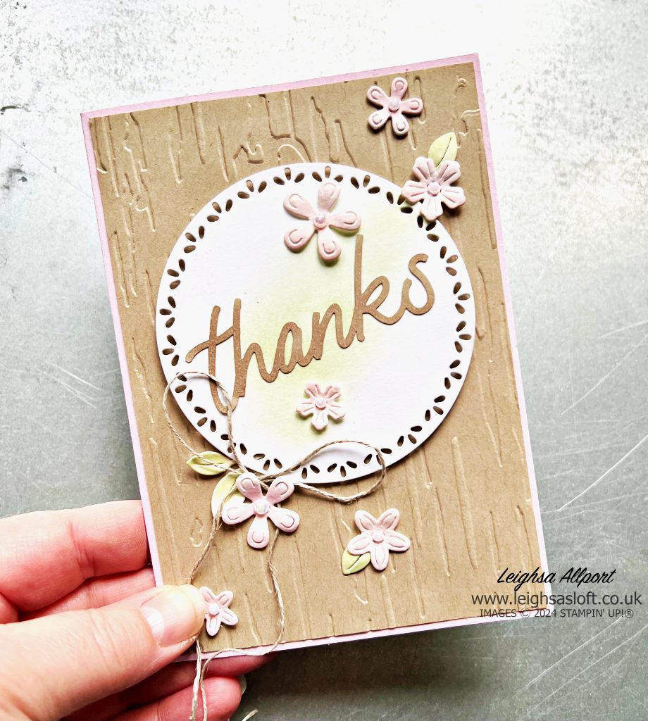 Sending Thanks Card Using Saying Something Mix & Match Ephemera Pack, Spotlight On Nature Dies, Country Birdhouse & Flowers Dies, and the Birch Wood 3D Embossing Folder