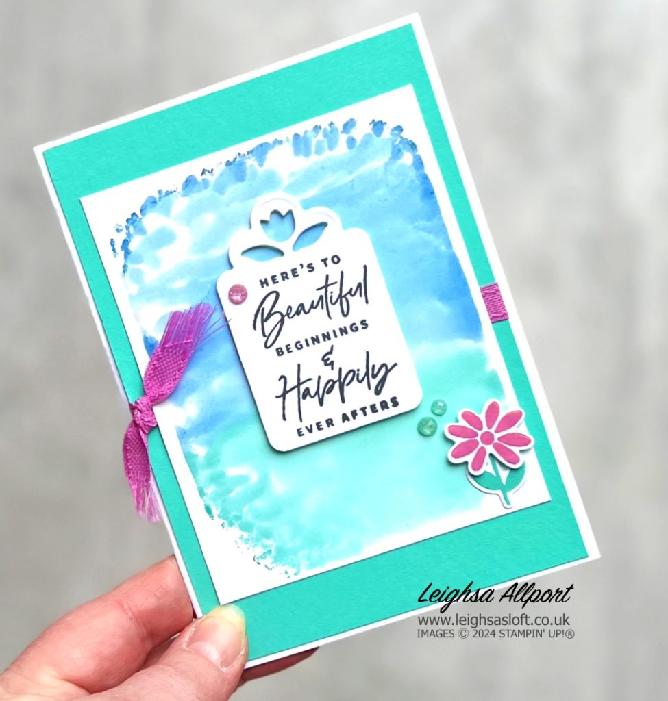 New Beginnings card using Something Fancy bundle, Bright Skies bundle and spritz ink to block background technique