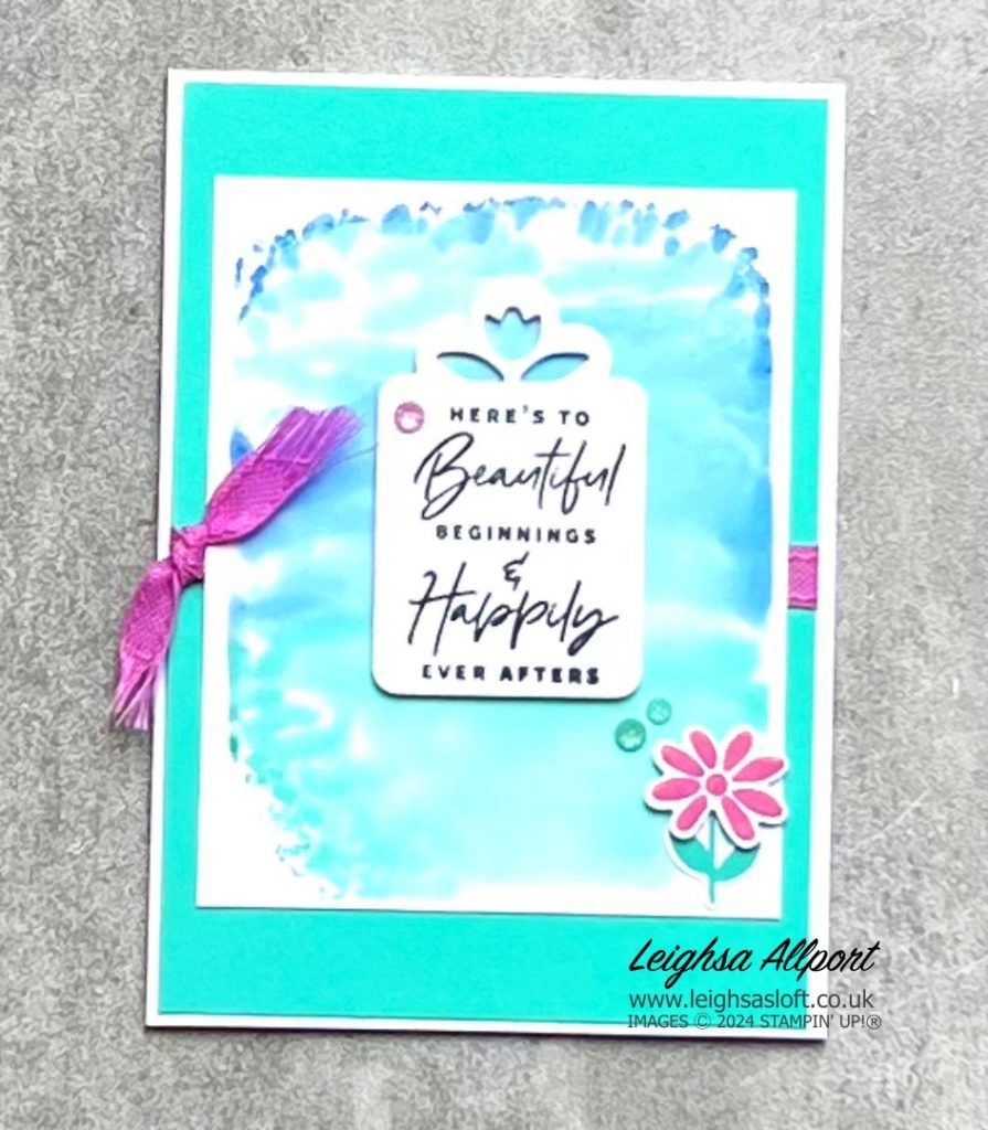 New Beginnings card using Something Fancy bundle, Bright Skies bundle and spritz ink to block background technique