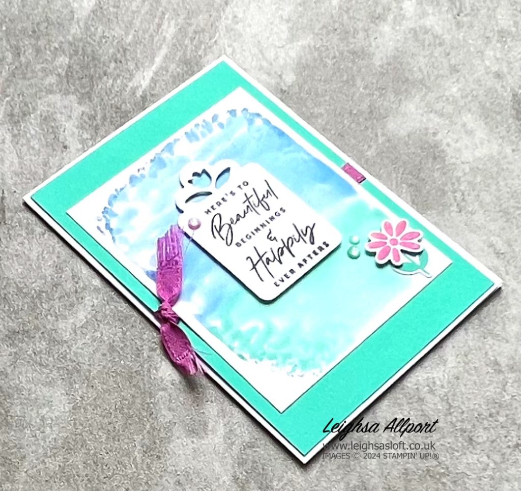 New Beginnings card using Something Fancy bundle, Bright Skies bundle and spritz ink to block background technique