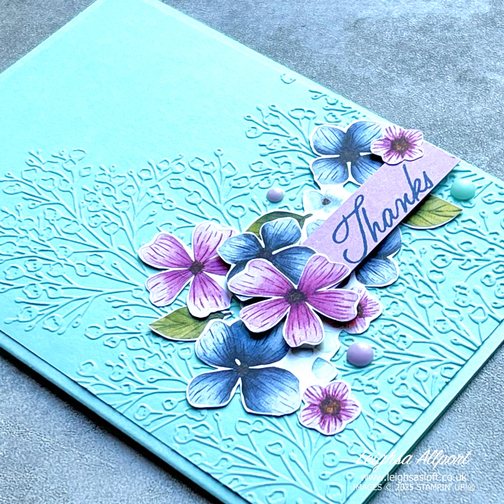 Pressed Flowers Embossing Folder Embossed Pool Party Background. Fresh Fresia, Misty Moonlight, Old Olive & Pool Party flowers and leaves fussy cut from Floral Impressions DSP. Thanks card.