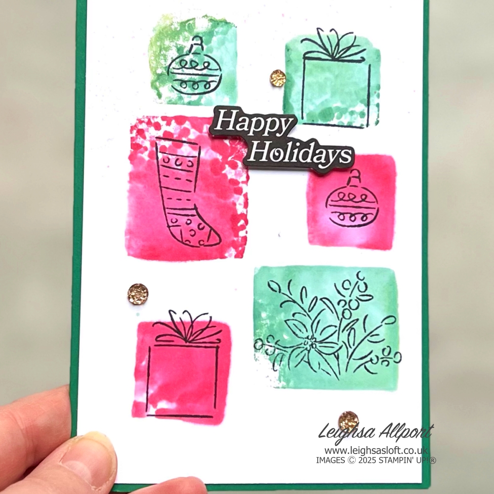 Stamptastic Friends November Blog Hop - Squares. Happy Holidays Christmas Card in Shaded Spruce and Real Red, using Gift Of Joy stamp set and Stampin' Blocks.