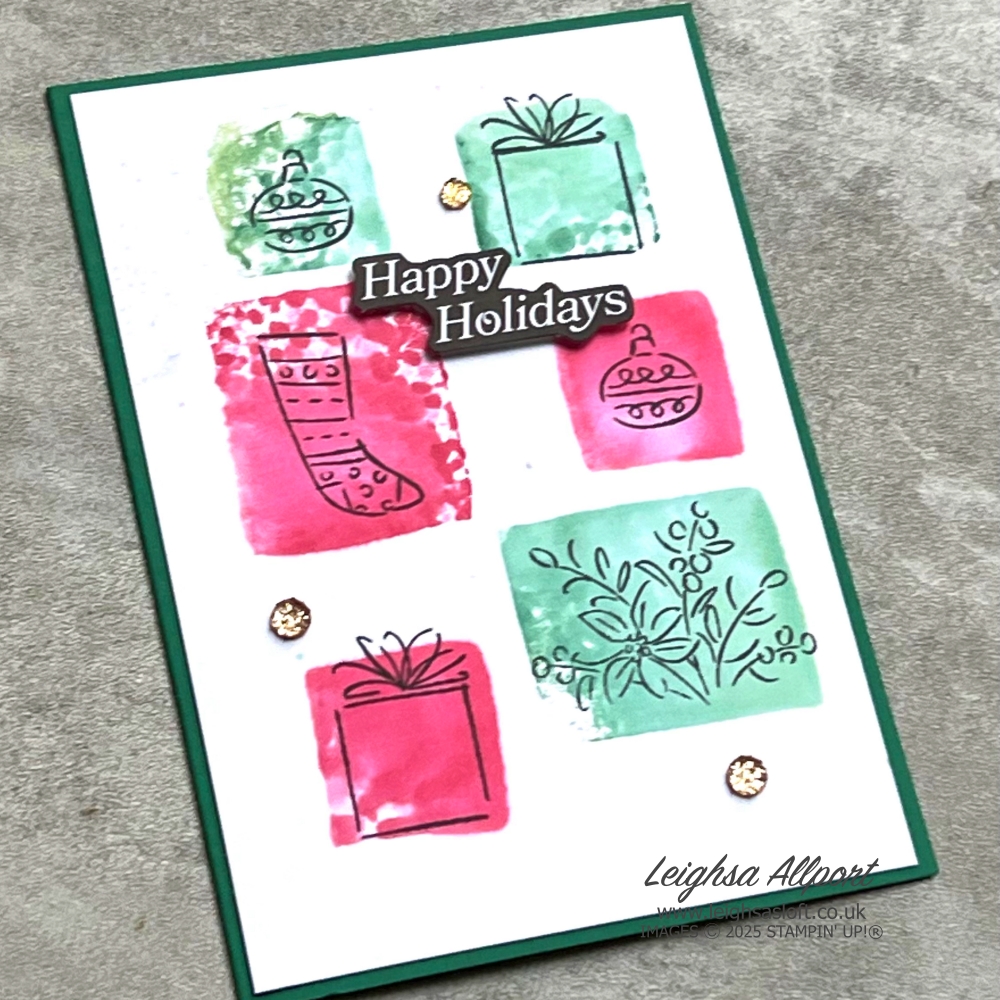 Stamptastic Friends November Blog Hop - Squares. Happy Holidays Christmas Card in Shaded Spruce and Real Red, using Gift Of Joy stamp set and Stampin' Blocks.