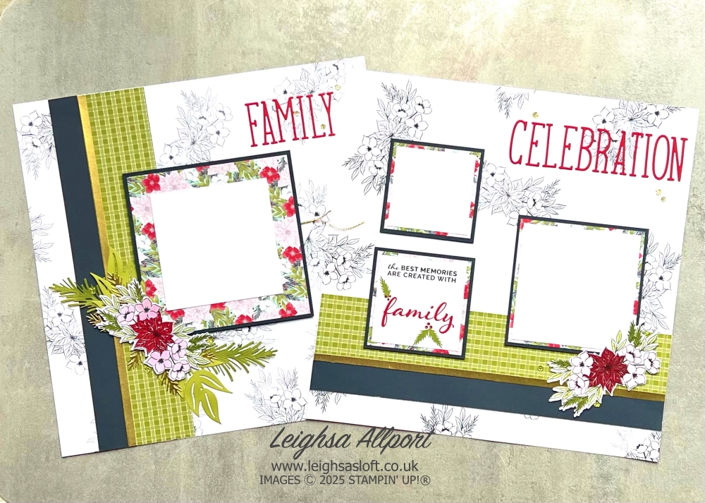 Build & Bloom November Blog Hop - Celebrate. Family Celebration Scrapbook spread using the Christmas Greenery Bundle, Our Story stamp set and Keeping Traditions DSP