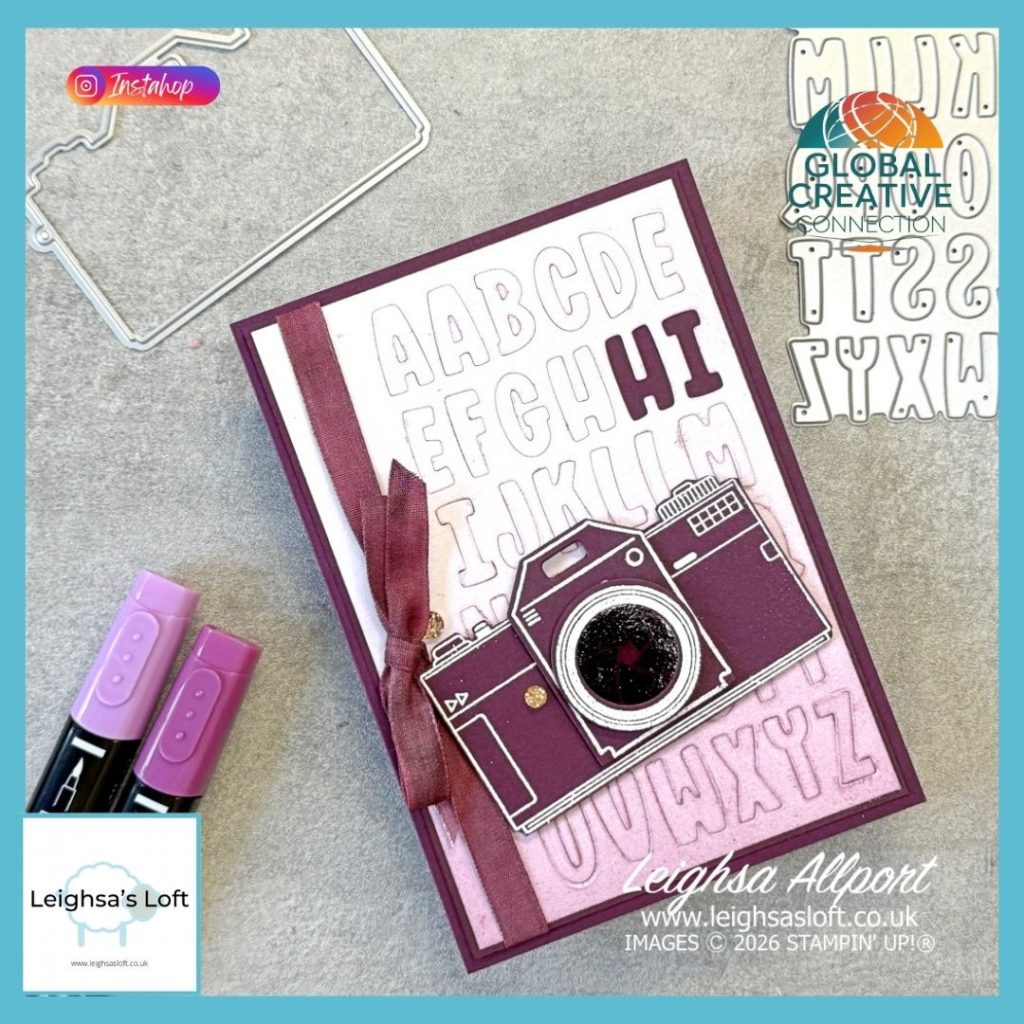 Hi Monochromatic card using Blackberry Bliss, Capturing Smiles Bundle and Mini Alphabet Die.
