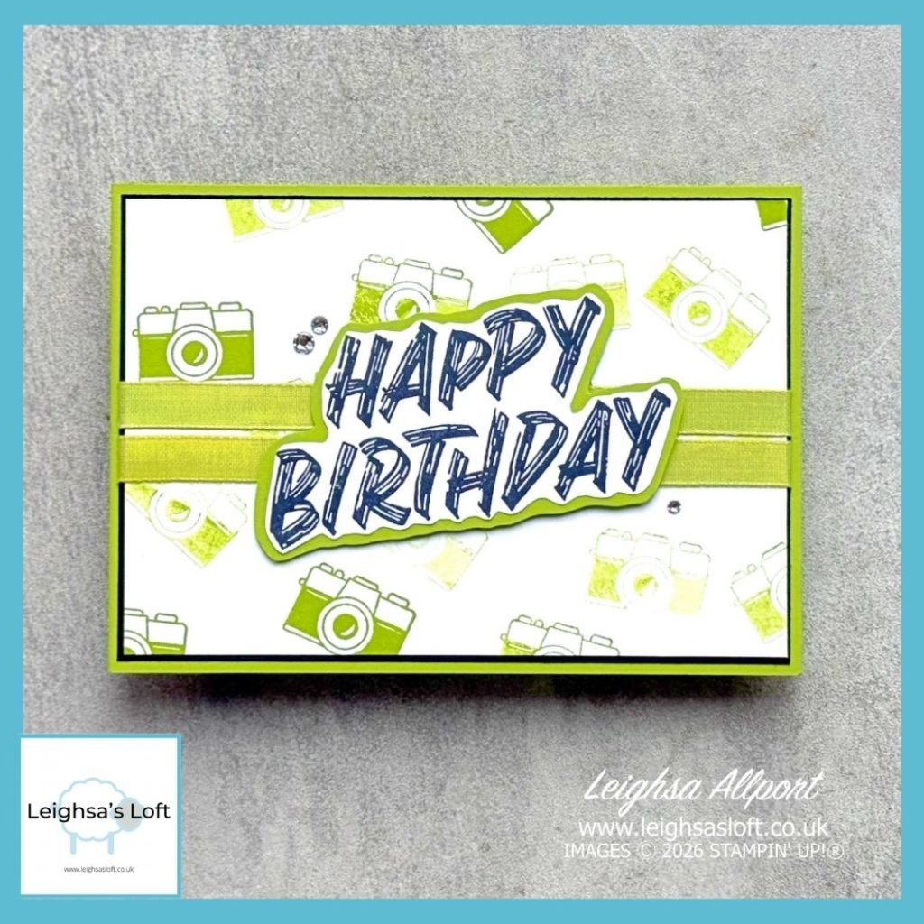Happy Birthday Monochromatic card using Granny Apple Green, Capturing Smiles Bundle and Layered Thoughts Stamp Set.