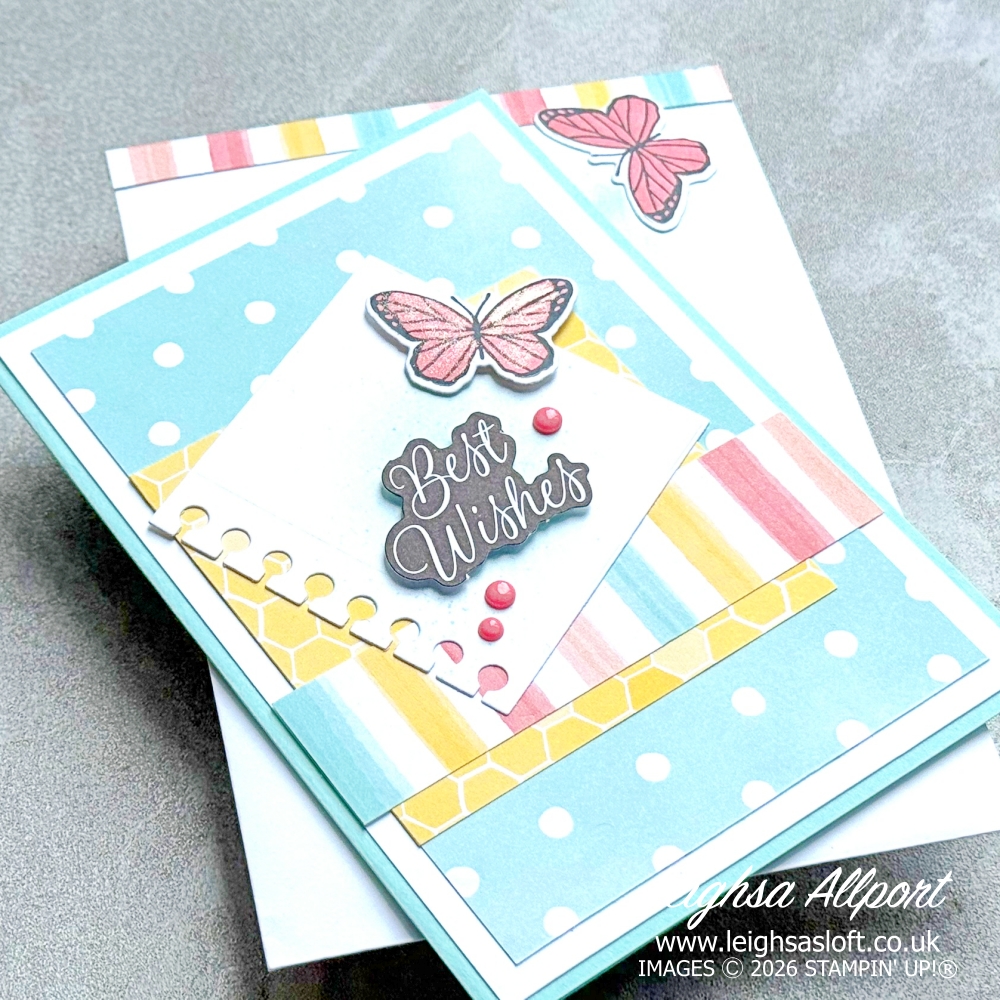 Best Wishes Card using the Beautiful Ordinary Life Suite. Stamp Impressions May blog Tic Tac Toe - DSP, Stamped Image, Matching Envelope.