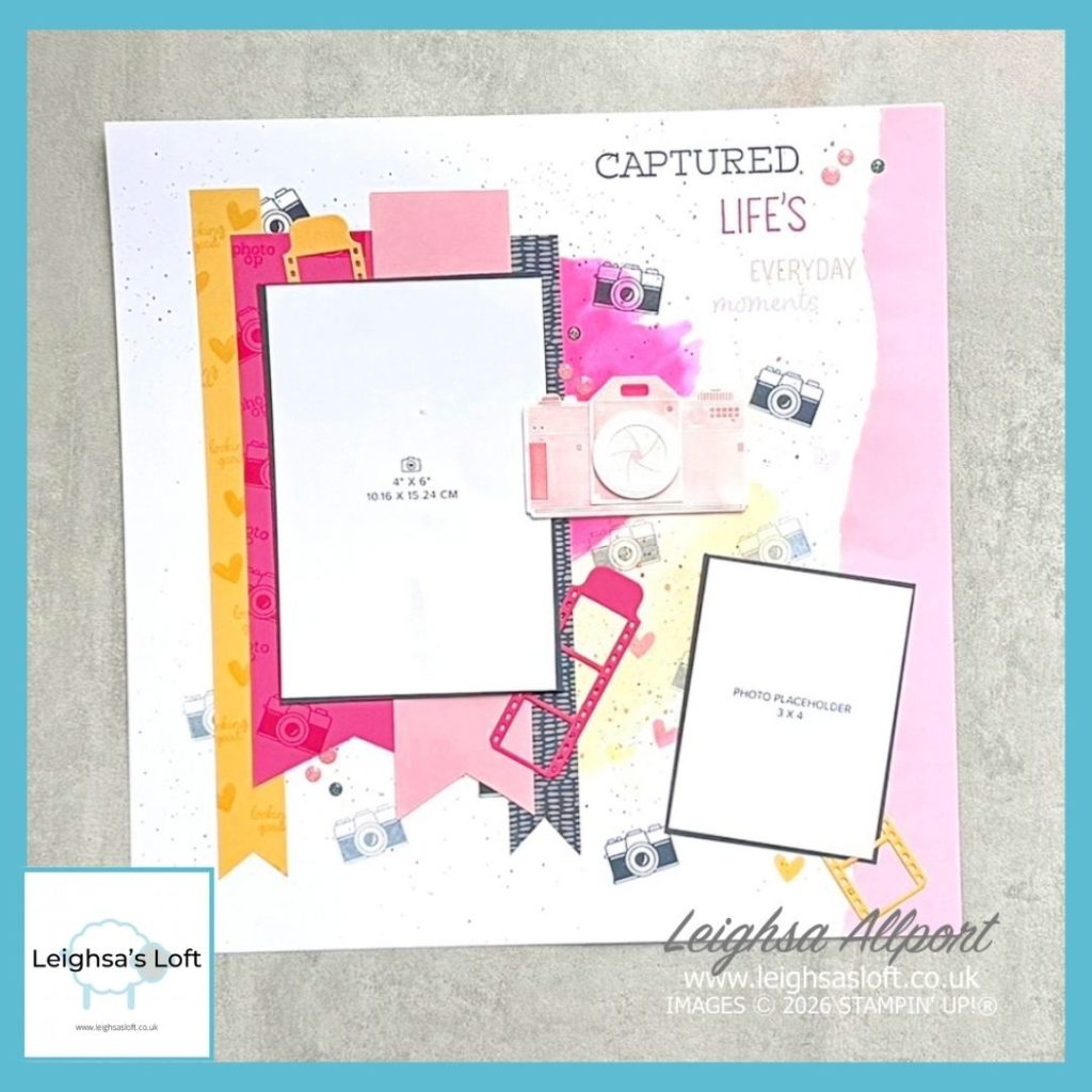 Captured Lifes Everyday Moments scrapbook page using the Capturing Smiles Bundle and watercolour background.