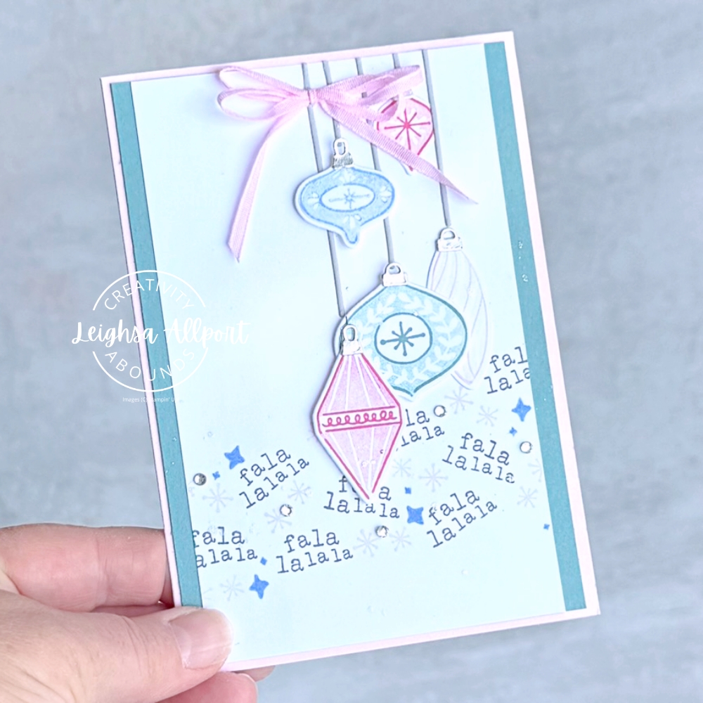 Christmas In July - Creativity Abounds Blog Hop - July '26
Festive Cheer Bundle, Lost Lagoon, Hydrandea Hue, Strawberry Slush and Bubble Bath.  Hanging Baubles with Fala lalala whimsical stamped border.