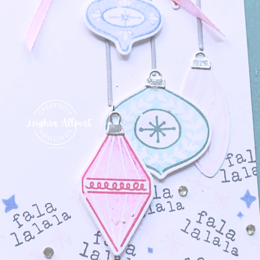 Christmas In July - Creativity Abounds Blog Hop - July '26
Festive Cheer Bundle, Lost Lagoon, Hydrandea Hue, Strawberry Slush and Bubble Bath.  Hanging Baubles with Fala lalala whimsical stamped border.