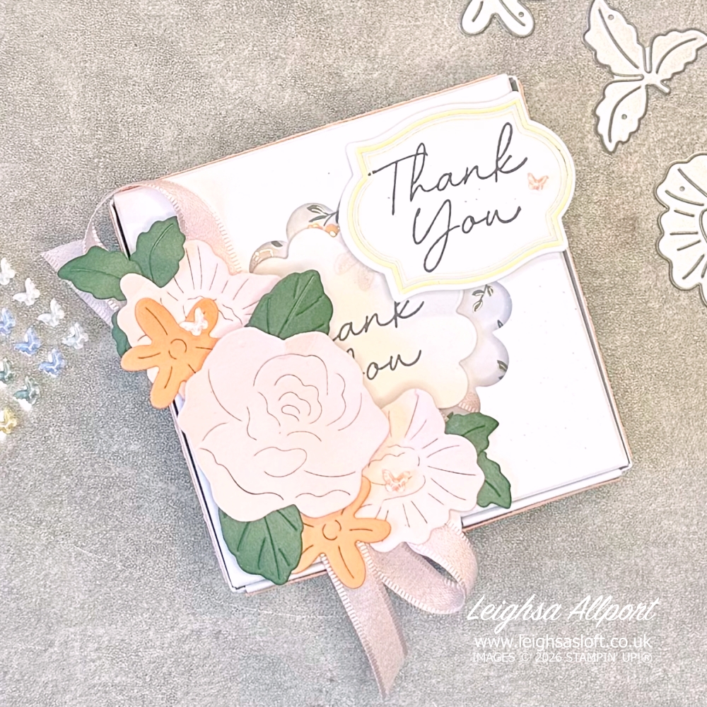 Thank you gift - Scalloped edge window box decorated with the Bloom Boutique Suite. Box contains set of four coordinating 3"x3" thank you cards.