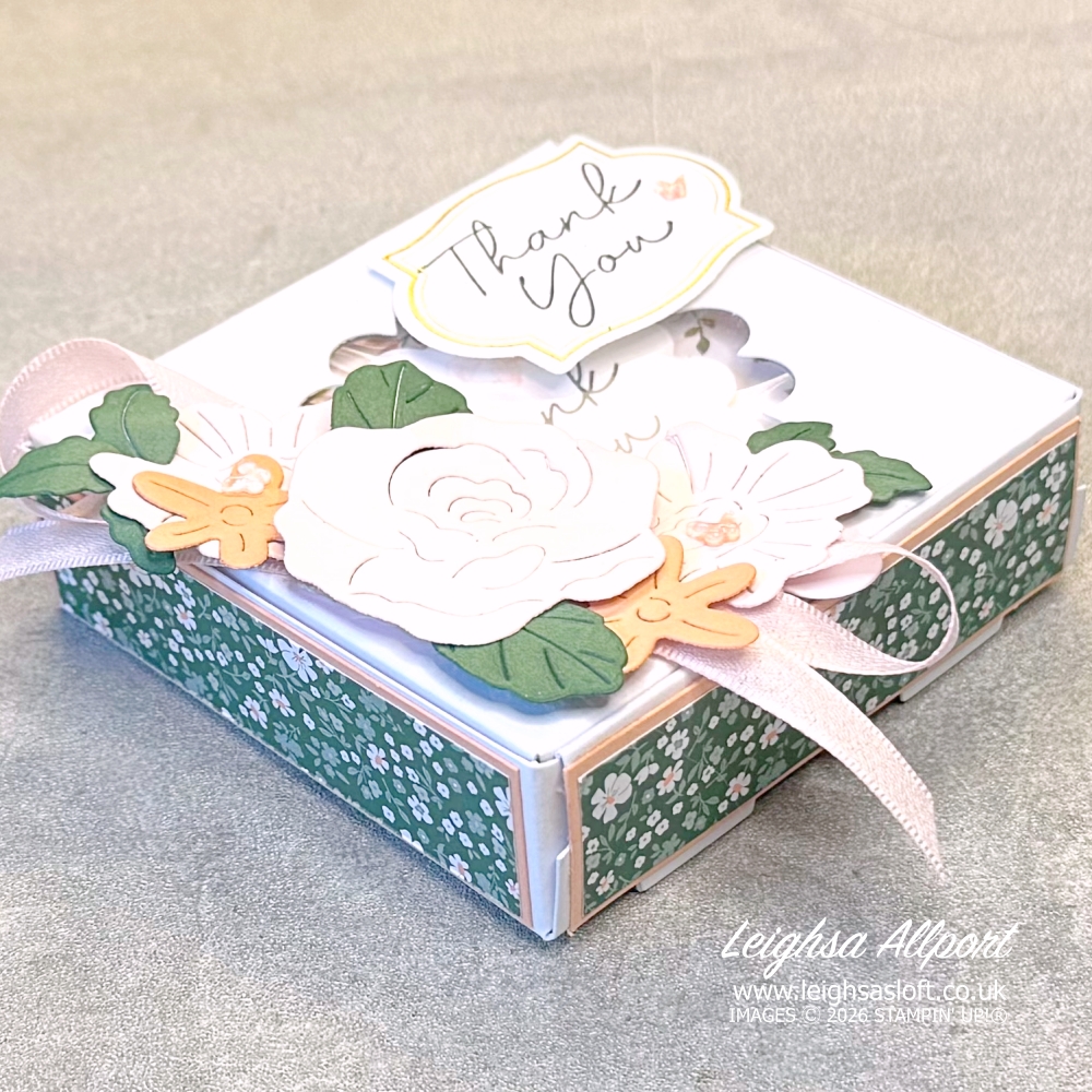 Thank you gift - Scalloped edge window box decorated with the Bloom Boutique Suite. Box contains set of four coordinating 3"x3" thank you cards.