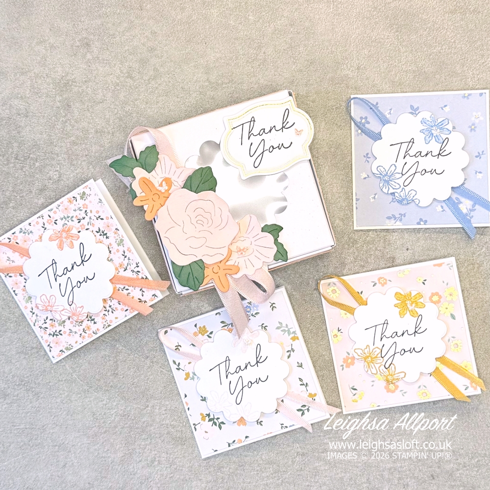 Thank you gift - Scalloped edge window box decorated with the Bloom Boutique Suite. Box contains set of four coordinating 3"x3" thank you cards.