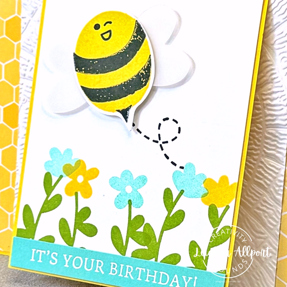 Creativity Abounds Blog Hop - Fun Fold - Aug '26. Double Tent Fold Card using Bee My Valentine stamp set, Textured Tree Ring 3D Embossing Folder and Beautiful Ordinary Life DSP. Daffodil Delight, Coastal Cabana and Granny Apple Green.
