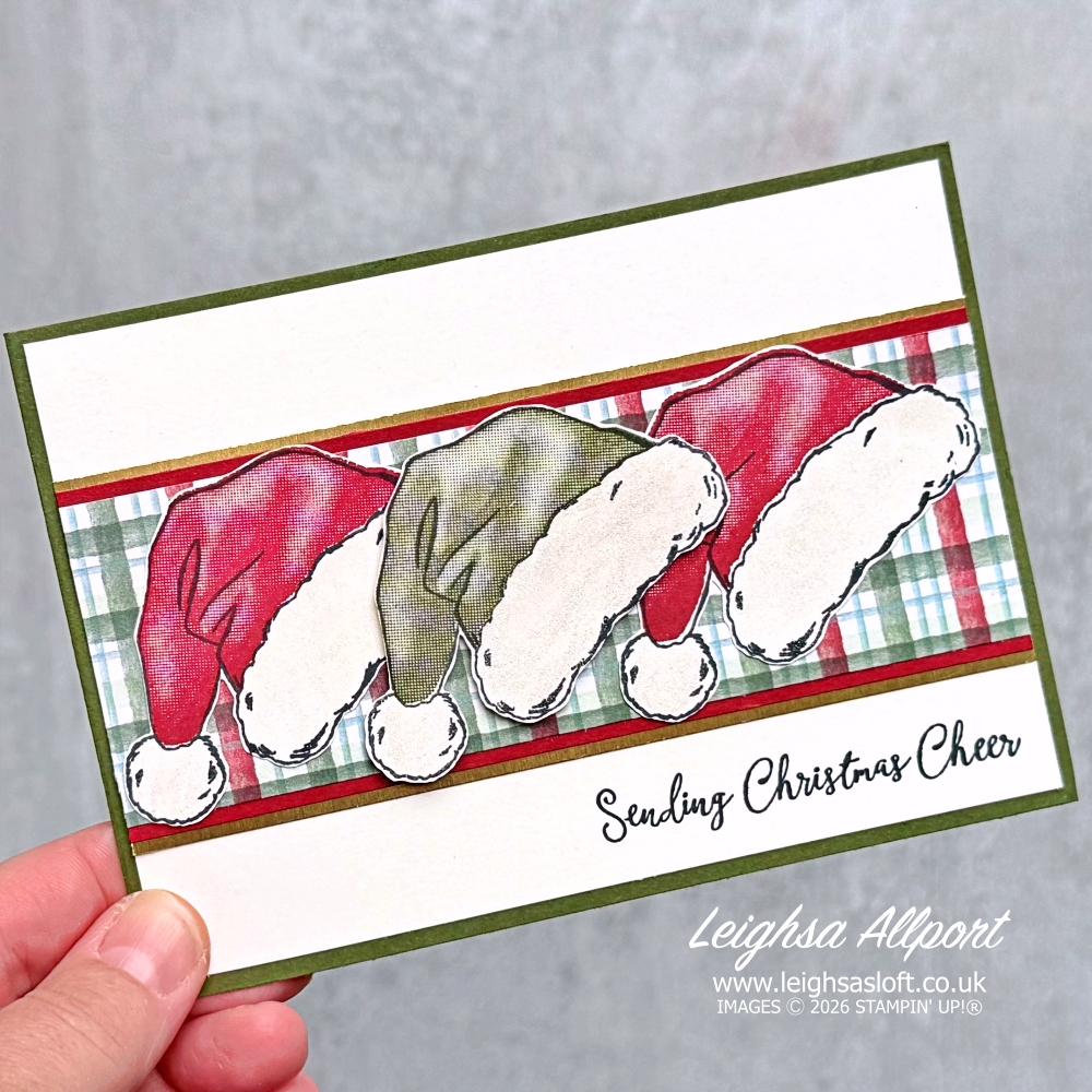 Simple Christmas card using Santa's Hat stamp set and A Little Christmas DSP. Cherry Cobbler,Mossy Meadow, Very Vanilla and Gold.