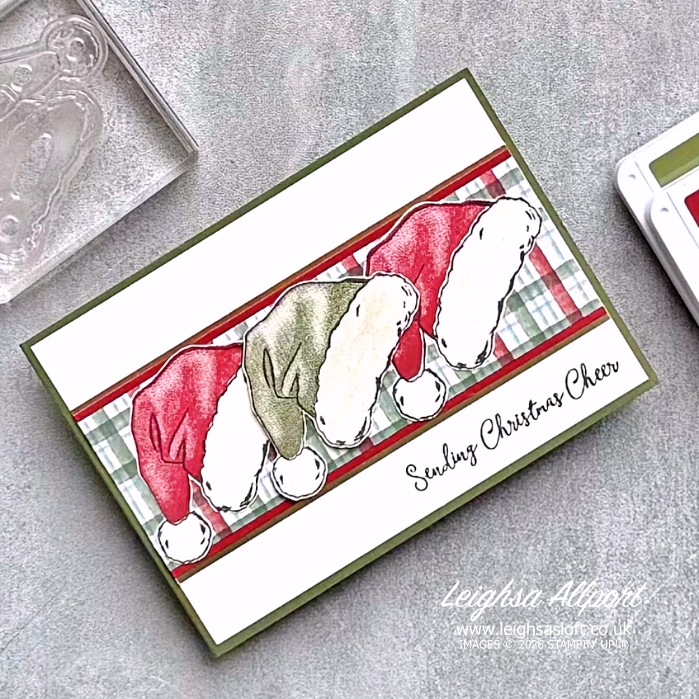 Simple Christmas card using Santa's Hat stamp set and A Little Christmas DSP. Cherry Cobbler,Mossy Meadow, Very Vanilla and Gold.