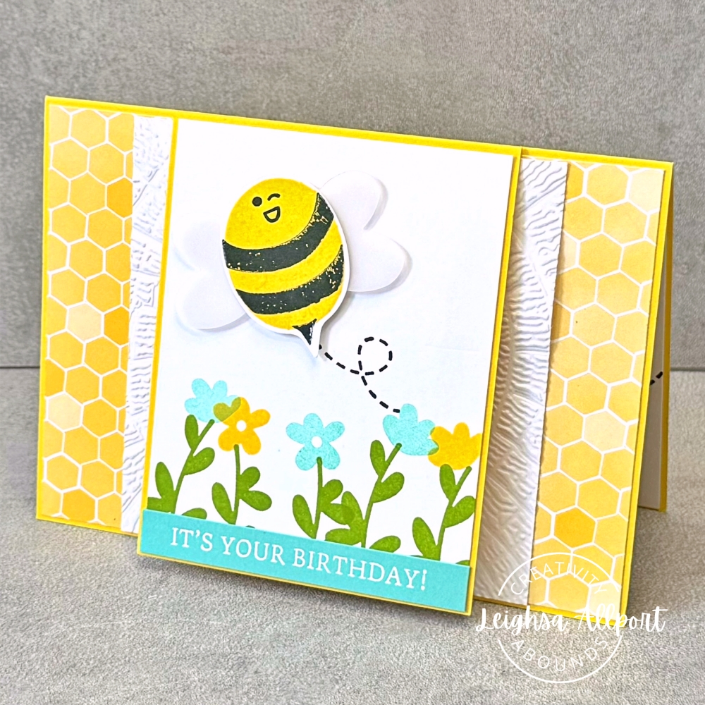 Creativity Abounds Blog Hop - Fun Fold - Aug '26. Double Tent Fold Card using Bee My Valentine stamp set, Textured Tree Ring 3D Embossing Folder and Beautiful Ordinary Life DSP. Daffodil Delight, Coastal Cabana and Granny Apple Green.