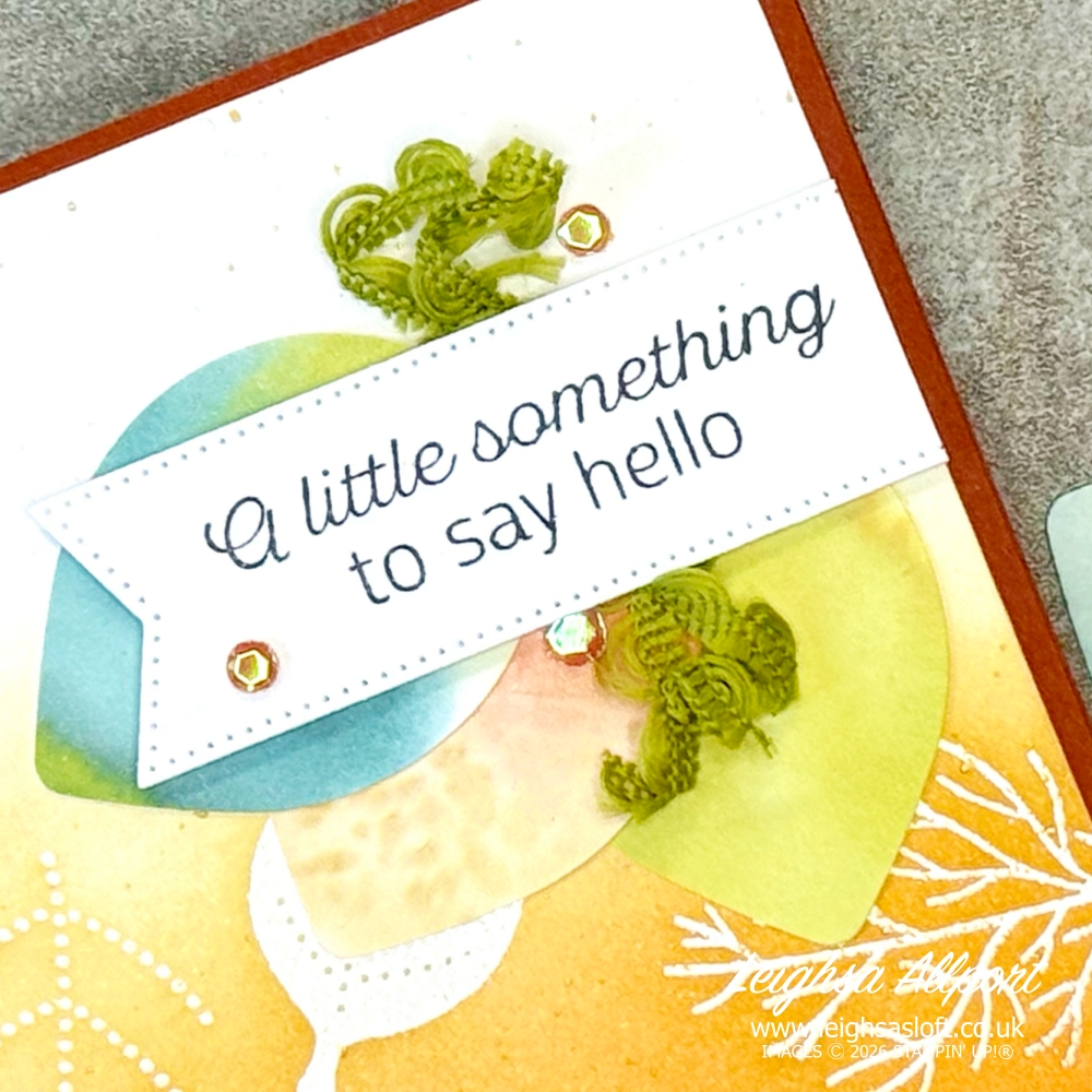 A little something to say Hello card, using Simply Leaves Bundle. Emboss resist background blended with Cajun Craze, Timid Tiger and Golden Glow to create an ombre effect. Leaves punched from Basic White coloured by adding blends to acrylic block, spritzing with alcohol and stamped.