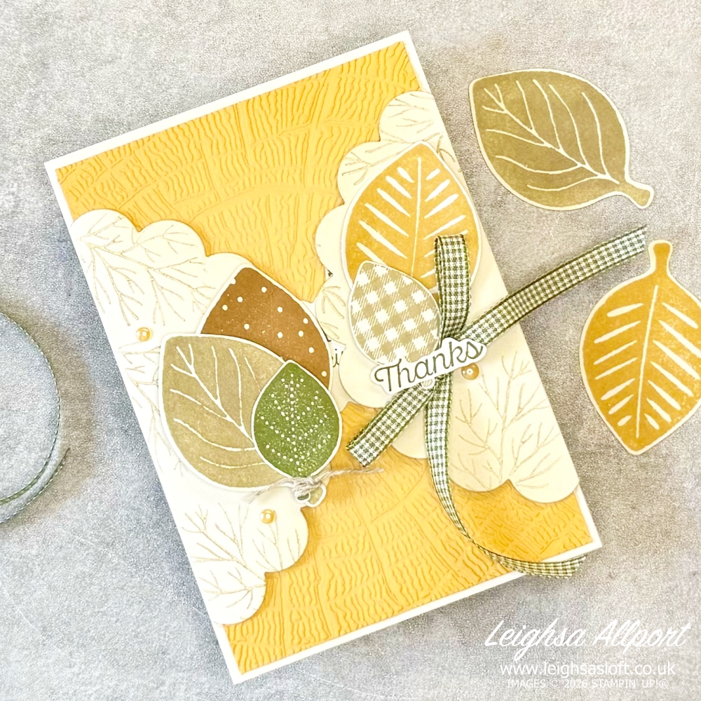 Stamp Impressions - EU September Blog Hop. Tic Tac Toe Challenge. Autumnal Fun Fold card using the Simply Leaves Bundle, Scalloped Blooms Dies, Tree Ring 3D Embossing Folder, Mossy Meadow & Very Vanilla Gingham Ribbon, Linen Thread and a Basic Beige, Crumb Cake, Golden Glow, Pecan Pie & Mossy Meadow colour combo.