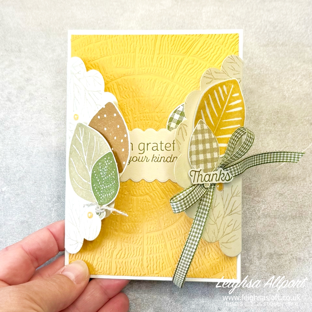 Stamp Impressions - EU September Blog Hop. Tic Tac Toe Challenge. Autumnal Fun Fold using the Simply Leaves Bundle, Scalloped Blooms Dies, Tree Ring 3D Embossing Folder, Mossy Meadow & Very Vanilla Gingham Ribbon, Linen Thread and a Basic Beige, Crumb Cake, Golden Glow, Pecan Pie & Mossy Meadow colour combo.