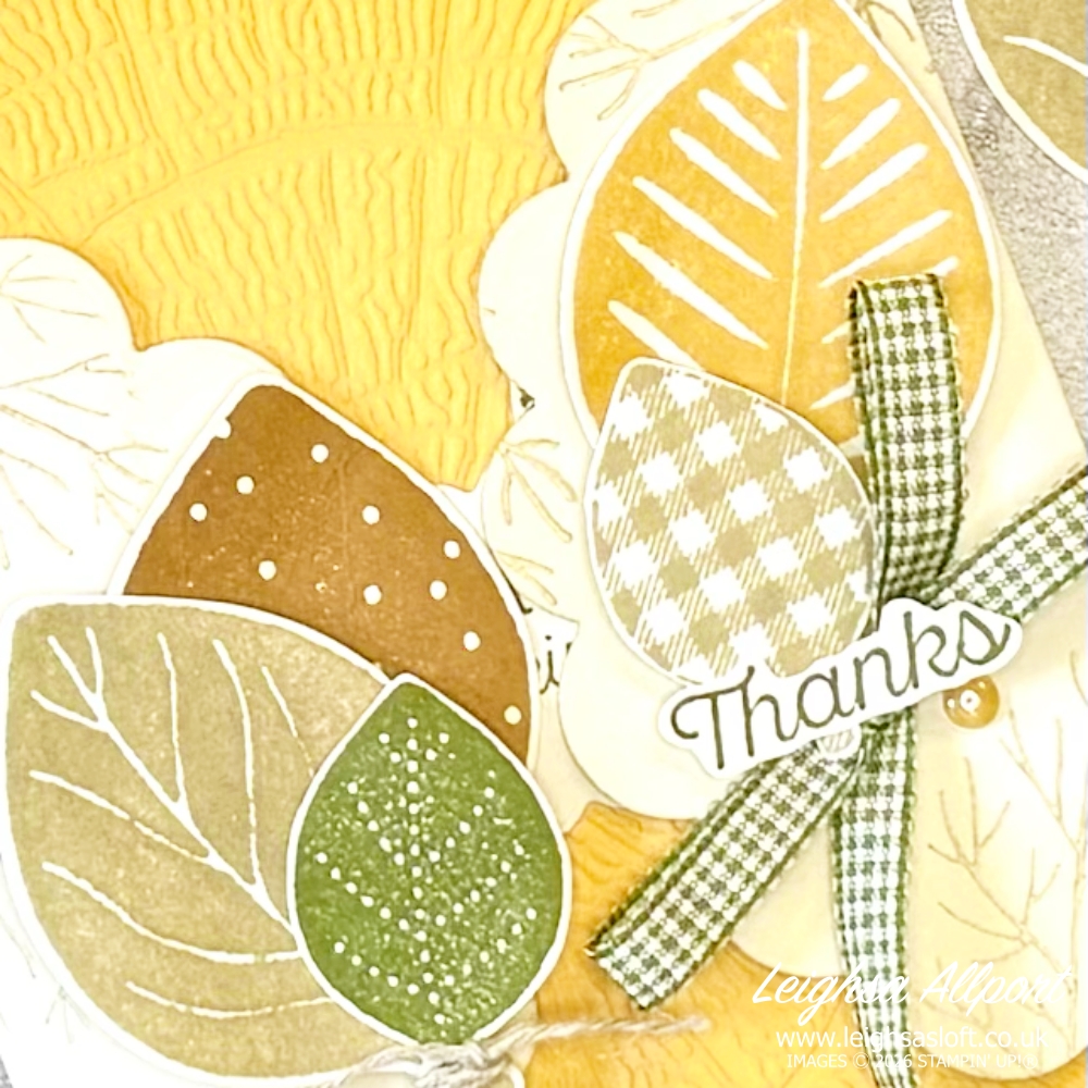 Stamp Impressions - EU September Blog Hop. Tic Tac Toe Challenge. Thanks Fun Fold using the Simply Leaves Bundle, Scalloped Blooms Dies, Tree Ring 3D Embossing Folder, Mossy Meadow & Very Vanilla Gingham Ribbon, Linen Thread and a Basic Beige, Crumb Cake, Golden Glow, Pecan Pie & Mossy Meadow colour combo.